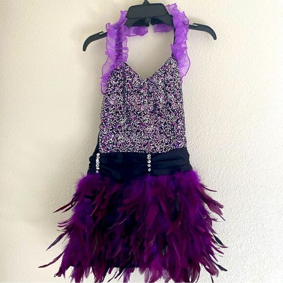 Glamour dance costume purple velvet sequin feather sassy 187 adult small SA -NEW - Picture 3 of 12